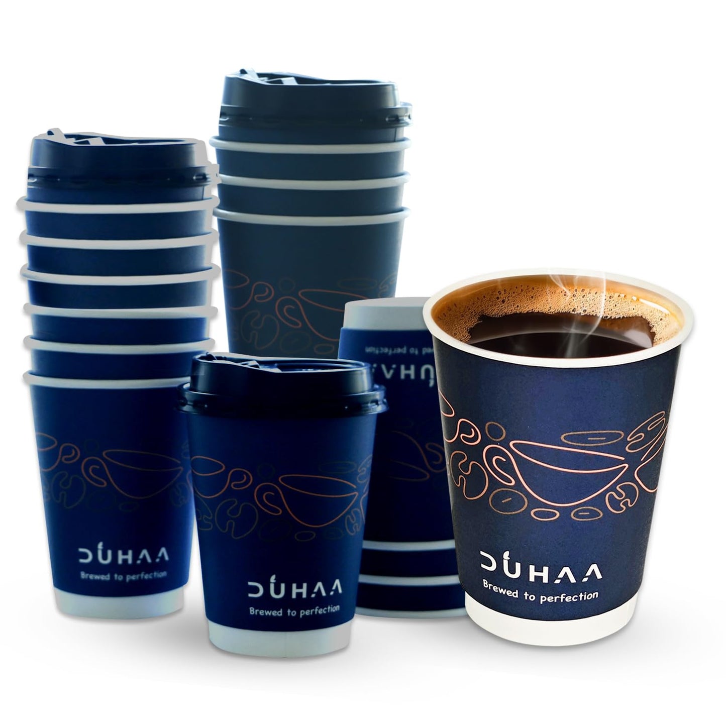 DUHAA 12 OZ, 50 Cups with Lids, Paper Hot Coffee Cups, Anti Scald, Leak-Proof, Double Layer, Insulated Hot Beverage Cups for Coffee, Tea, and to go Drinks. Cafe Style, Cute Design