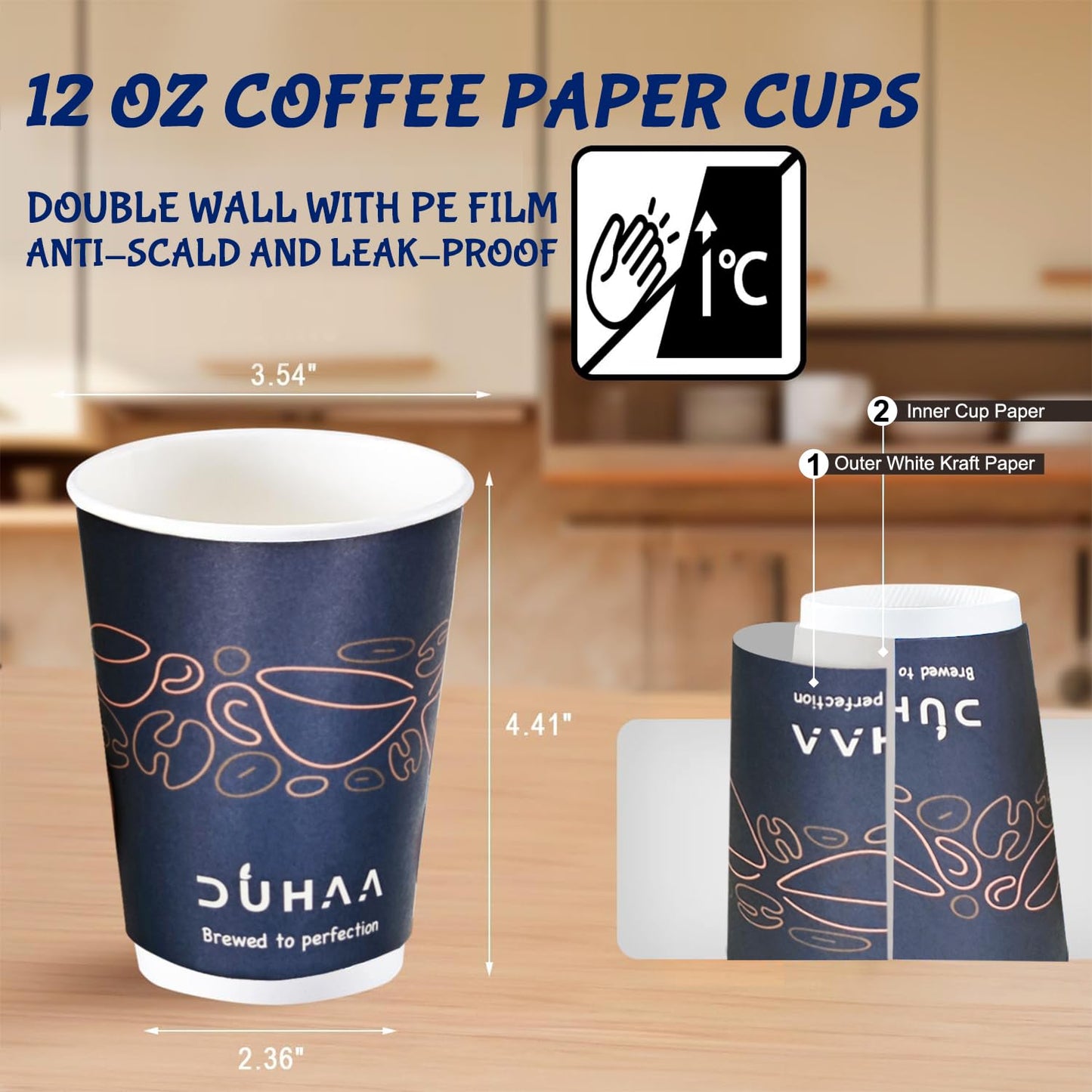 DUHAA 12 OZ, 50 Cups with Lids, Paper Hot Coffee Cups, Anti Scald, Leak-Proof, Double Layer, Insulated Hot Beverage Cups for Coffee, Tea, and to go Drinks. Cafe Style, Cute Design