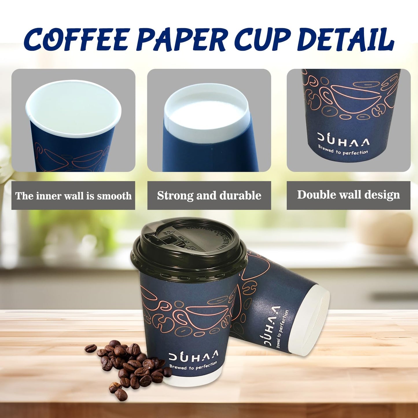 DUHAA 12 OZ, 50 Cups with Lids, Paper Hot Coffee Cups, Anti Scald, Leak-Proof, Double Layer, Insulated Hot Beverage Cups for Coffee, Tea, and to go Drinks. Cafe Style, Cute Design