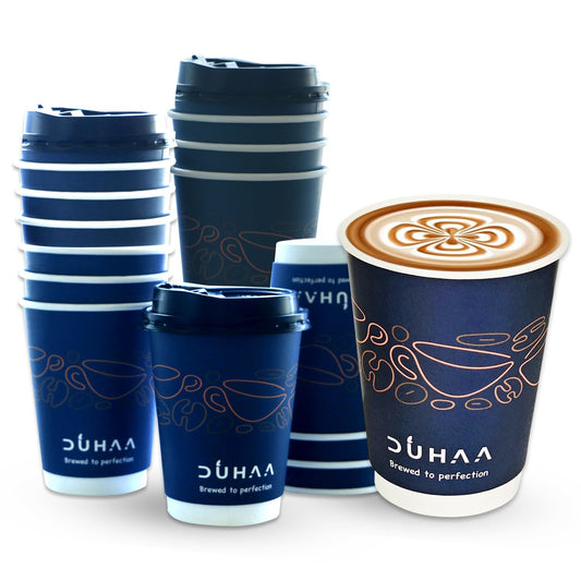 DUHAA 12 OZ, 50 Cups with Lids, Paper Hot Coffee Cups, Anti Scald, Leak-Proof, Double Layer, Insulated Hot Beverage Cups for Coffee, Tea, and to go Drinks. Cafe Style, Cute Design