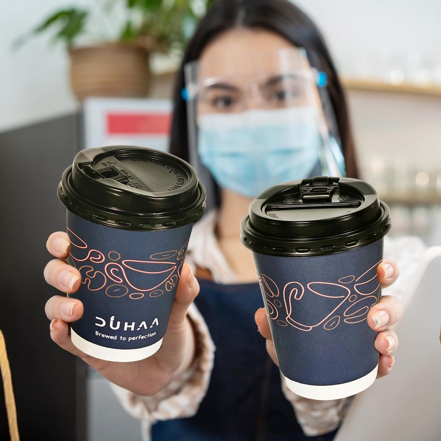 DUHAA 12 OZ, 50 Cups with Lids, Paper Hot Coffee Cups, Anti Scald, Leak-Proof, Double Layer, Insulated Hot Beverage Cups for Coffee, Tea, and to go Drinks. Cafe Style, Cute Design