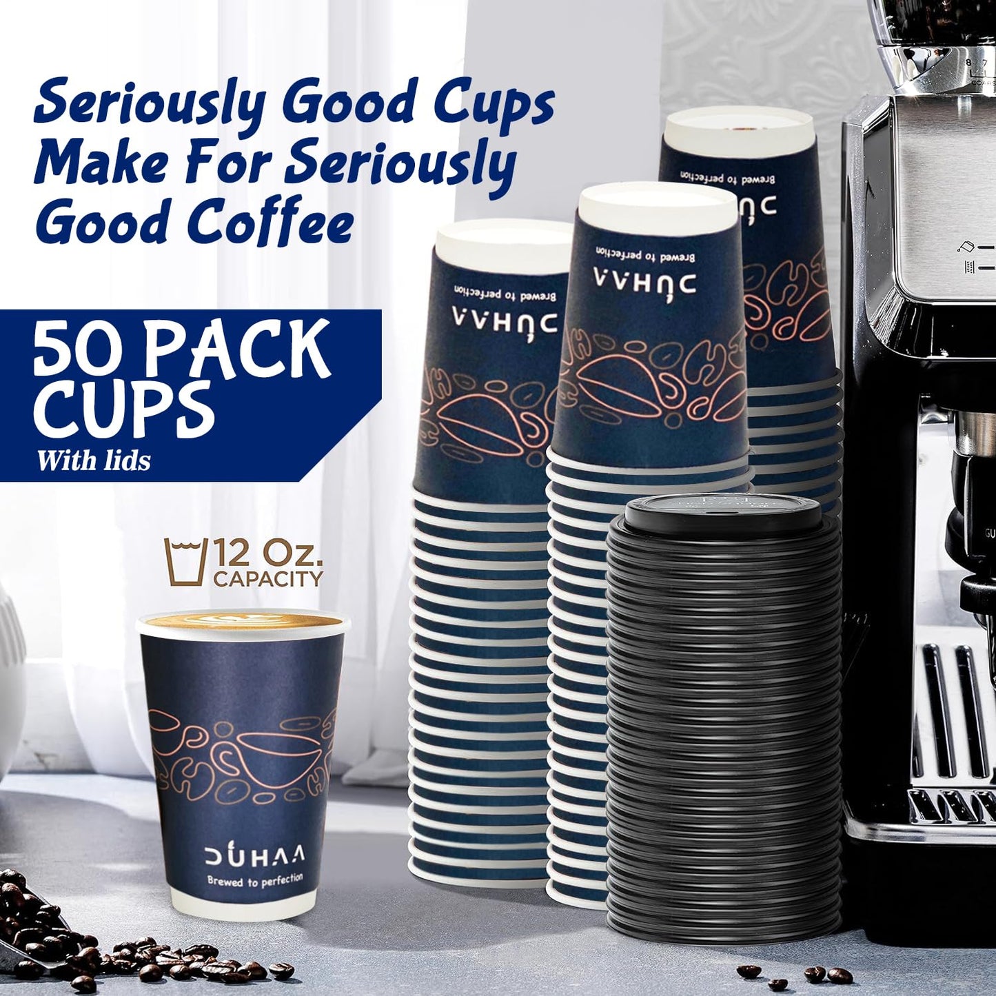 DUHAA 12 OZ, 50 Cups with Lids, Paper Hot Coffee Cups, Anti Scald, Leak-Proof, Double Layer, Insulated Hot Beverage Cups for Coffee, Tea, and to go Drinks. Cafe Style, Cute Design